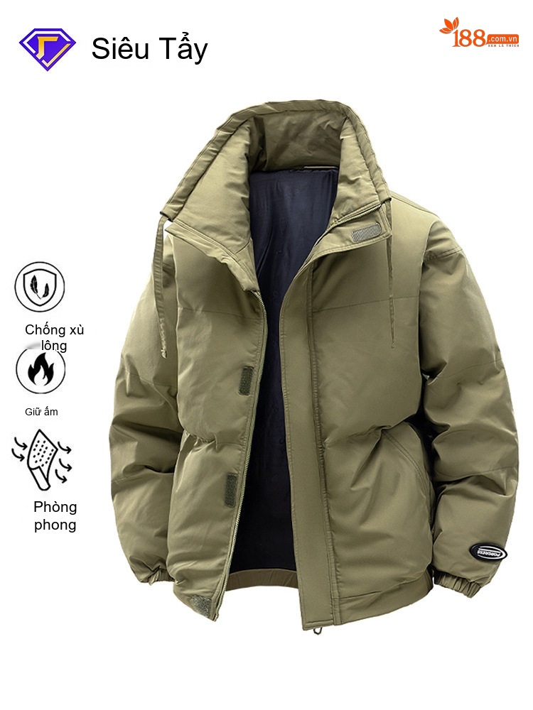 Áo Khoác Cotton Nam Nữ Cổ Trụ Dáng Rộng Phong Cách Hàn Quốc Màu Xanh Rêu, Đỏ San Hô, Đen