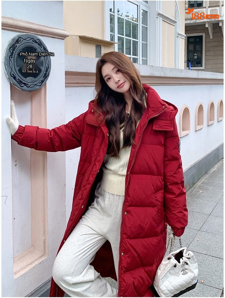 Áo Phao Nữ Dáng Dài Có Mũ Trùm Đầu Form Rộng Dày Dặn Màu Đỏ, Trắng, Đen chi tiết 22