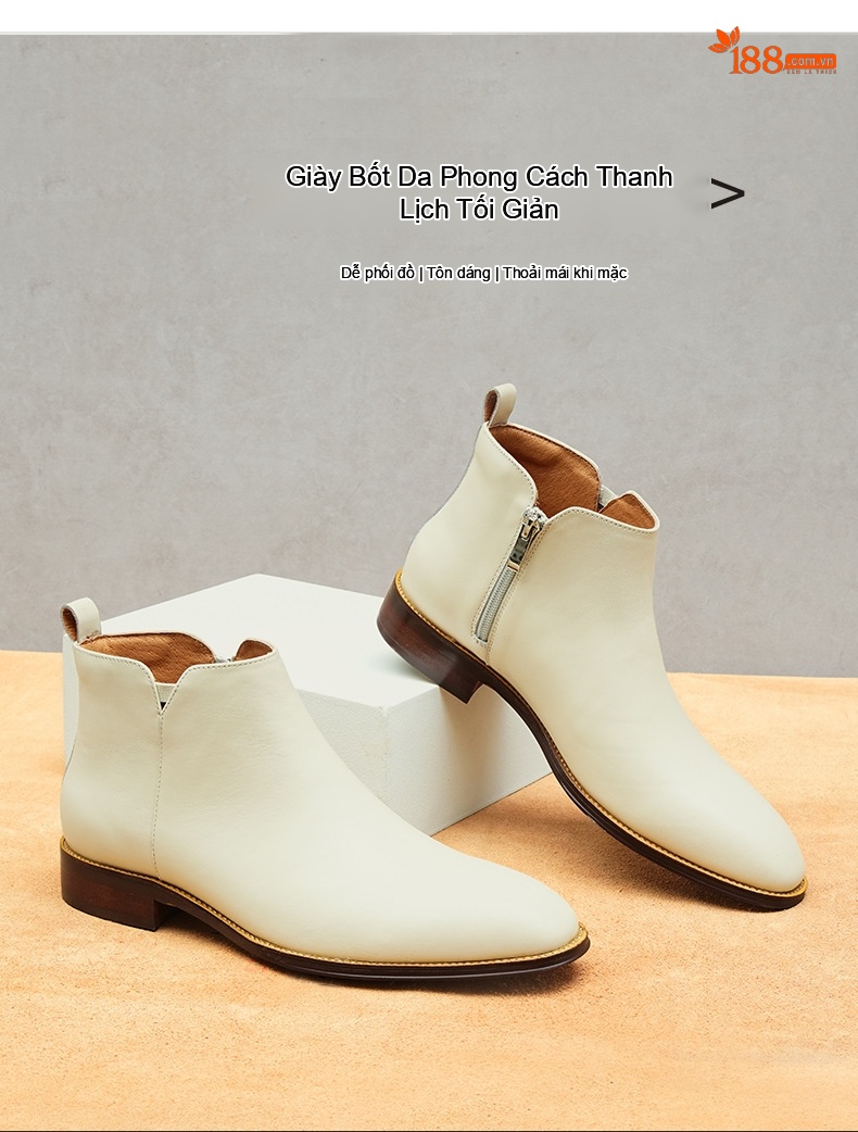 Boot Da Bò Cổ Cao Có Khóa Kéo Chiều Cao Đế Khoảng 3cm Màu Trắng chi tiết 1