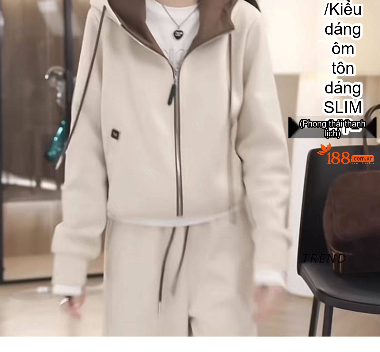 Bộ Đồ Thể Thao Nữ Áo Khoác Có Mũ Quần Ống Rộng Phong Cách Casual Màu Be chi tiết 6