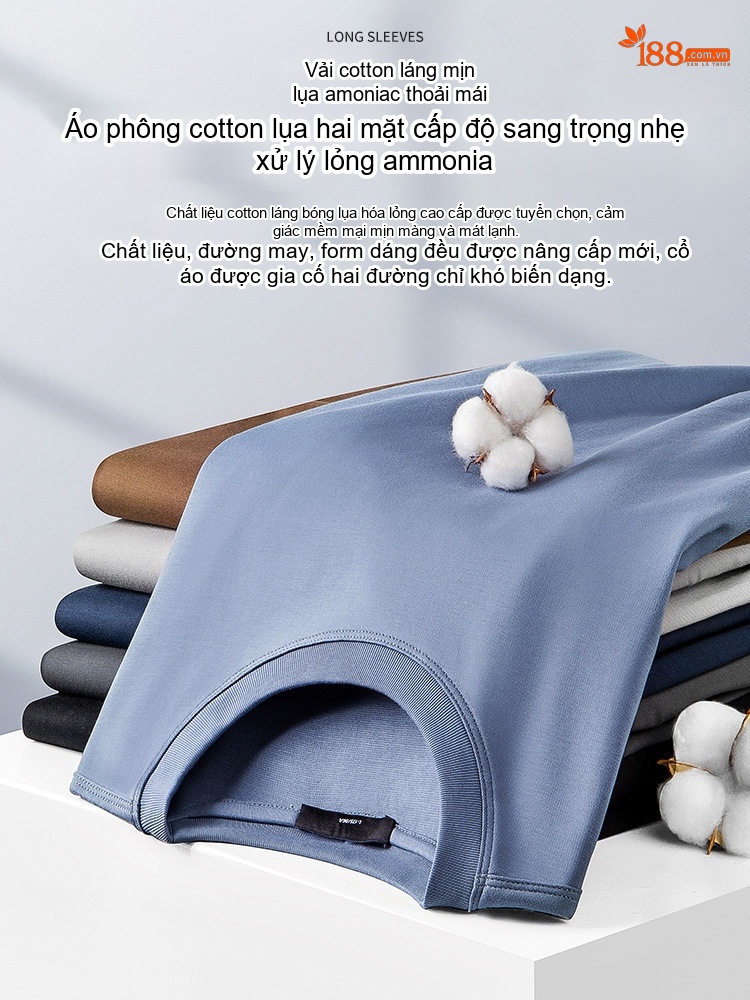Áo Thun Dài Tay Nam Cotton Lụa Xử Lý Amoniac Màu Trắng, Kem, Nâu, Đen