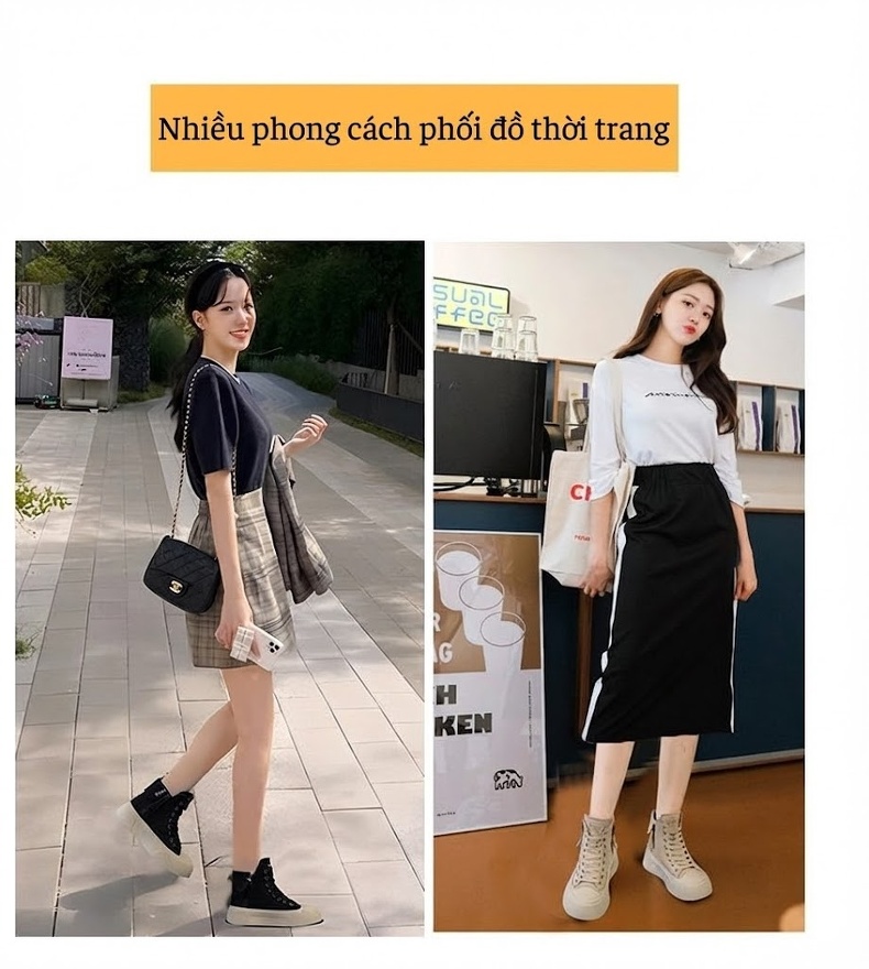 Giày Sneaker Nữ Cổ Cao Đế Dày Da Mờ Chiều Cao Đế Khoảng 4cm Màu Nâu, Kem, Đen chi tiết 7