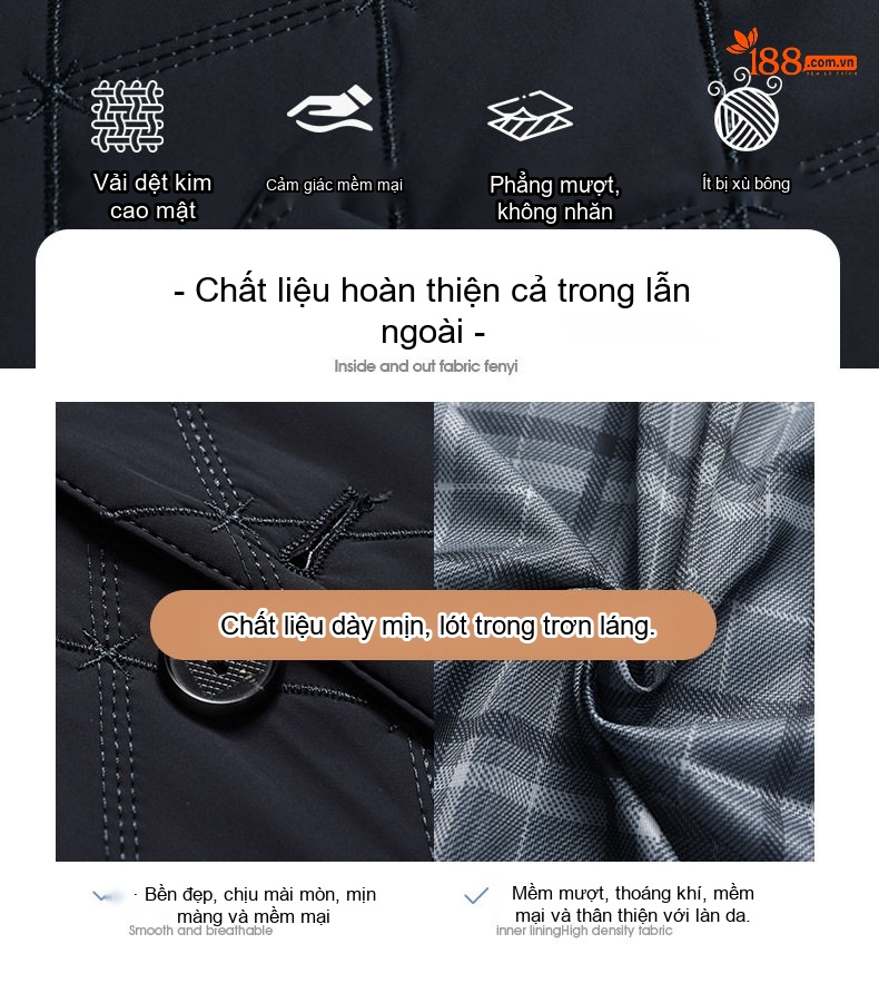 Áo Khoác Bông Nam Trung Niên Dáng Vừa Vải Cotton Lót Lụa Tằm Màu Xanh Navy chi tiết 6
