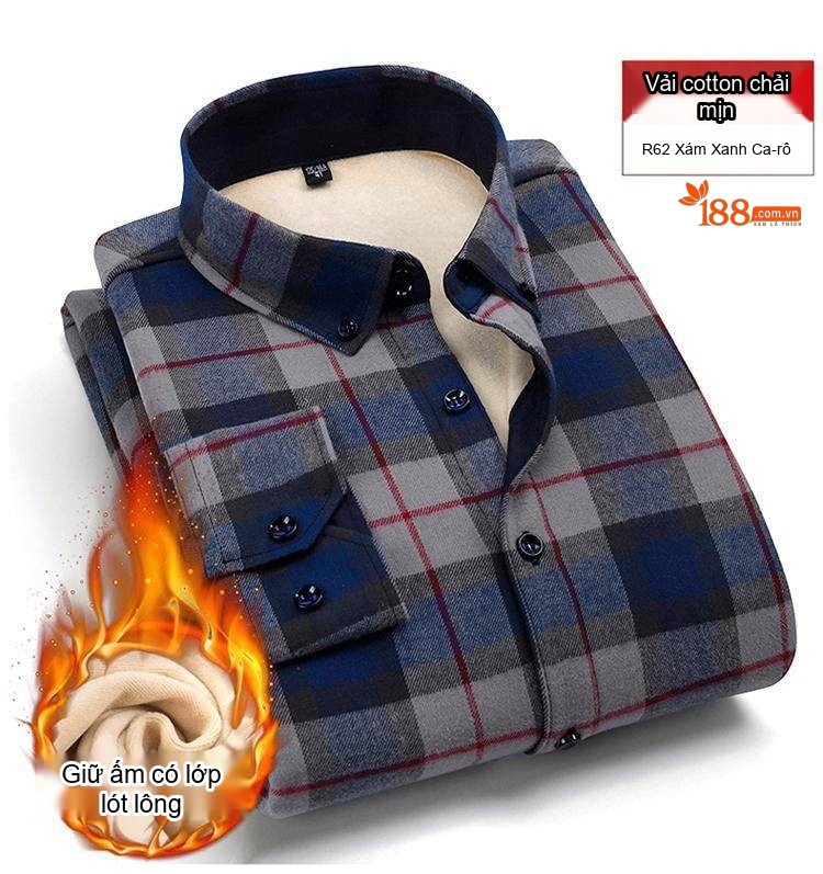 Áo Sơ Mi Nam Cotton Dài Tay Lót Lông Cổ Điển Chống Nhăn Màu Xanh Navy, Xám, Đỏ, Xanh Lá... chi tiết 18