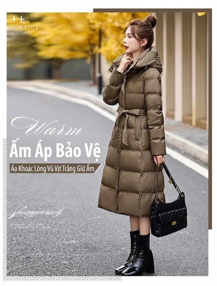 Áo Phao Nữ Dáng Dài Có Mũ Lông Vũ Trắng Ấm Áp Thời Trang Kèm Đai Màu Be, Nâu, Đen, Trắng chi tiết 1
