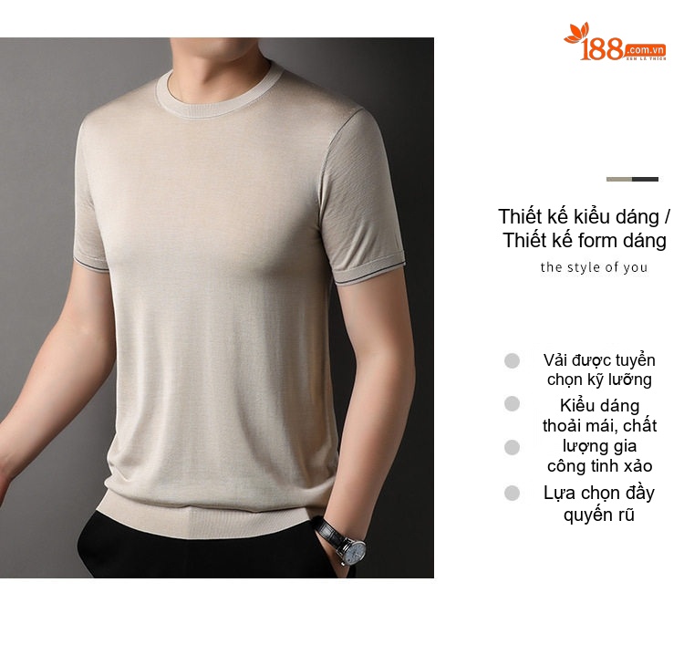 Áo Thun Nam Tay Ngắn Dệt Kim 100% Tơ Tằm Màu Xanh, Nâu, Xanh Dương, Be chi tiết 3