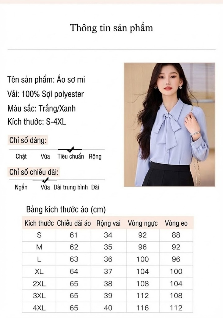 Áo Sơ Mi Nữ Tay Dài Cổ Nơ Voan Phong Cách Công Sở Màu Trắng, Xanh chi tiết 8