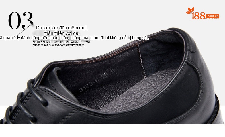 Giày Tây Buộc Dây Nam Da Bò Kiểu Oxford Chiều Cao Đế Khoảng 3cm Màu Đen, Nâu chi tiết 5