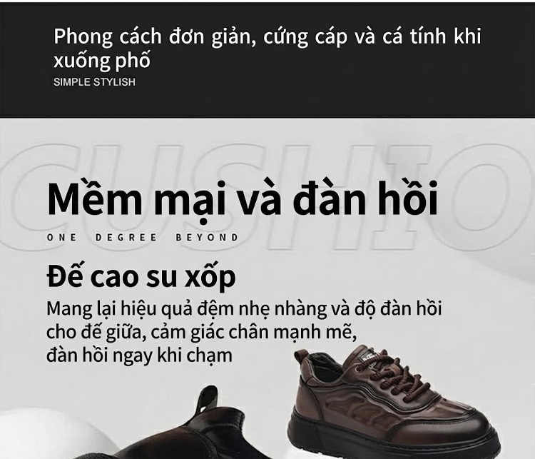 Giày Thể Thao Nam Da Bò Chiều Cao Đế Khoảng 4cm Màu Đen, Nâu chi tiết 7