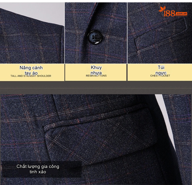 Bộ Vest Nam Kẻ Caro 3 Món Phong Cách Doanh Nhân Trẻ Trung Màu Xám, Xanh Dương chi tiết 9