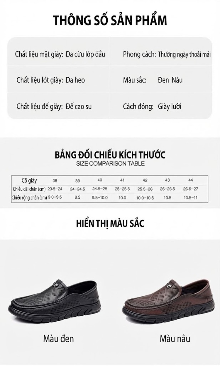 Giày Lười Nam Da Thật Thoáng Khí Chiều Cao Đế Khoảng 3cm Màu Đen, Nâu chi tiết 7