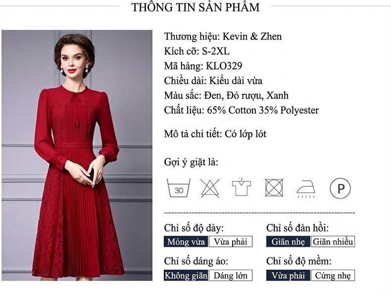 Váy Chữ A Nữ Tay Dài Phối Ren Dập Ly Màu Đỏ Rượu chi tiết 18