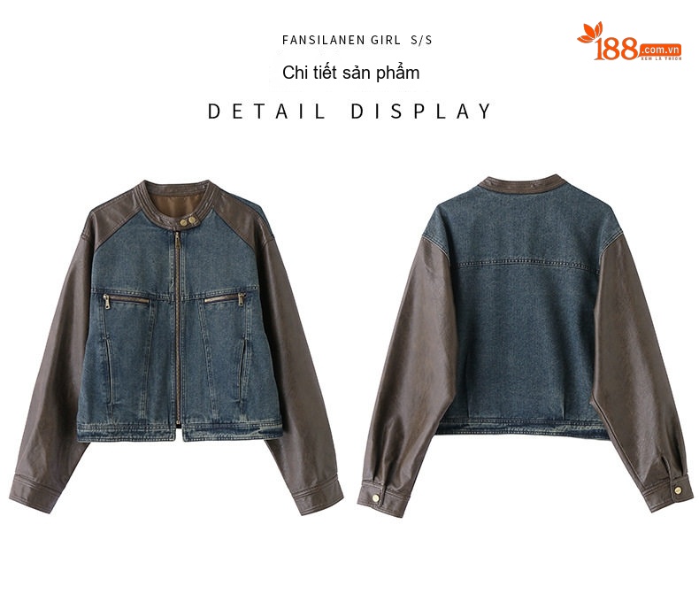 Áo Khoác Nữ Jean Phối Da Kiểu Retro Ngắn Tay Phong Cách Vintage Màu Xanh, Nâu chi tiết 20