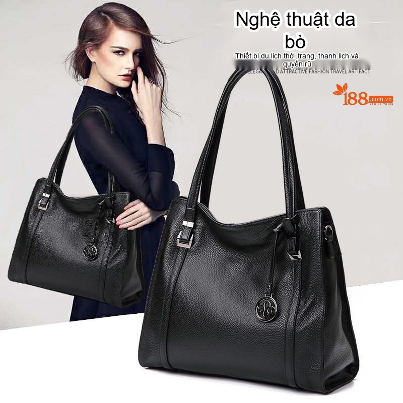 Túi Xách Tay Nữ Da Bò Sức Chứa Lớn Đeo Vai, Đeo Chéo Màu Đen
