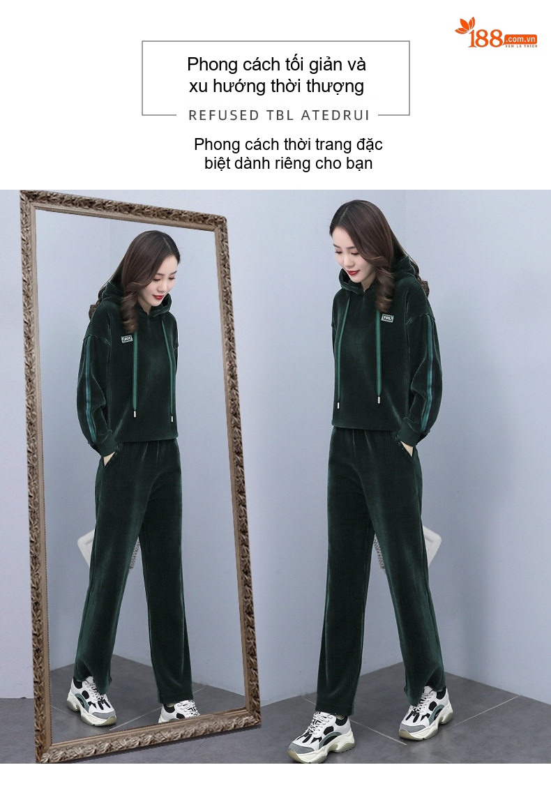 Bộ Đồ Nỉ Nhung Dài Tay Có Mũ Thu Đông Phong Cách Thời Trang Màu Xanh Lá chi tiết 7