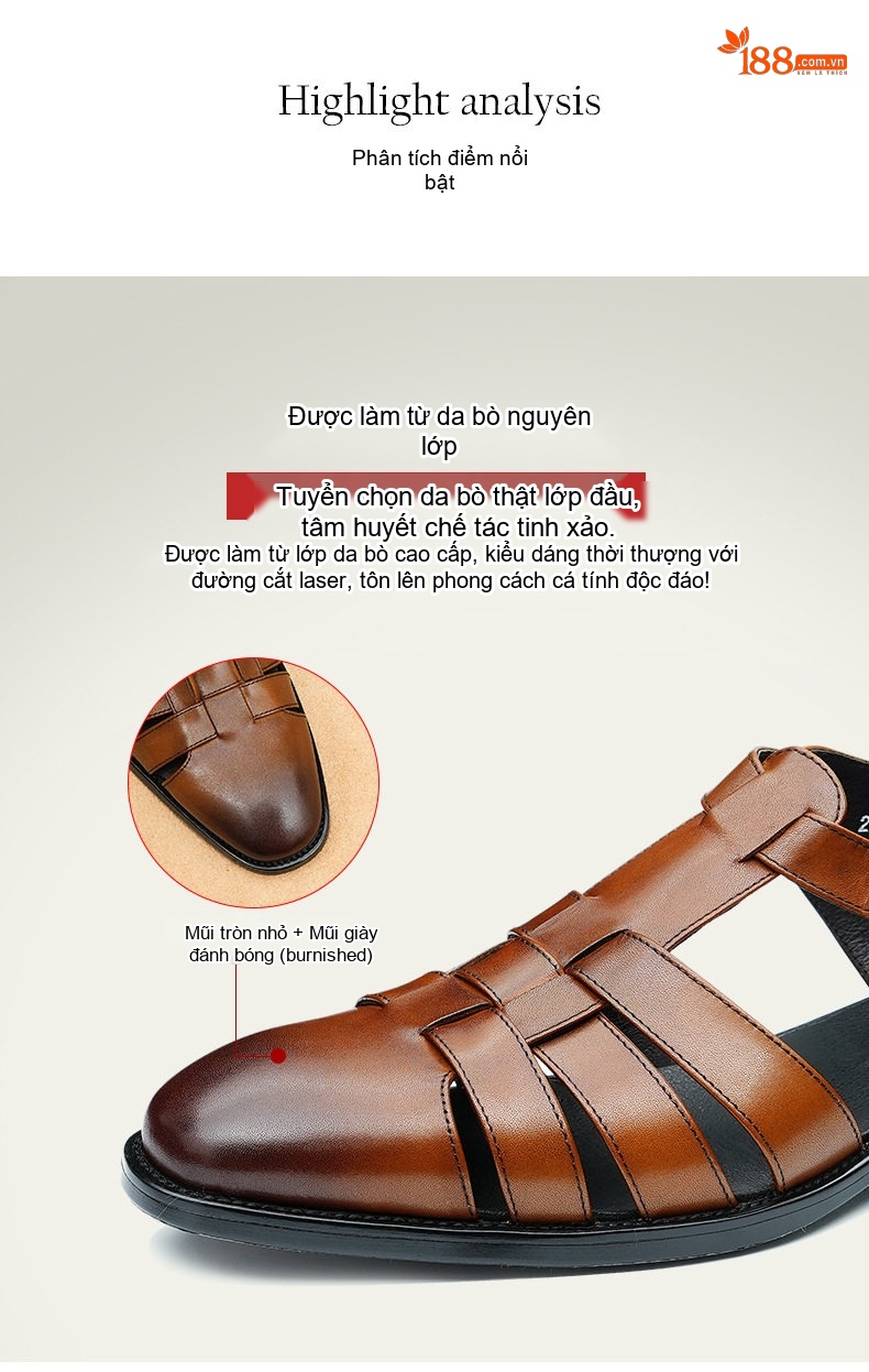 Giày Sandal Rọ Nam Da Thật Phong Cách Retro Chiều Cao Đế Khoảng 2cm Màu Đen, Nâu chi tiết 7