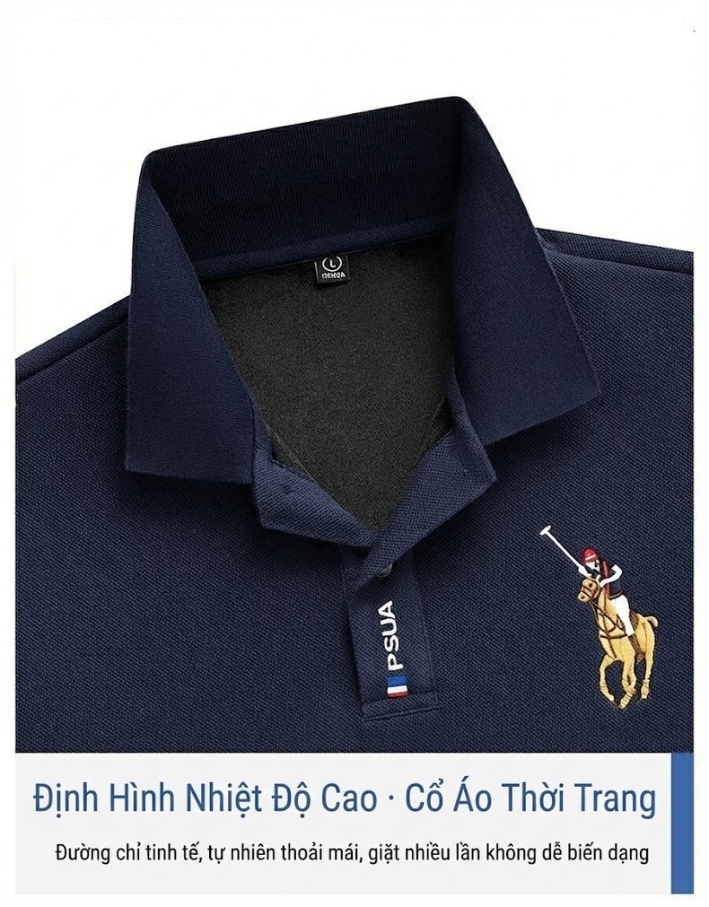 Áo Polo Nam Tay Dài Cotton Lót Lông Cừu Màu Xanh Dương, Xanh Navy, Kem, Xanh Lá chi tiết 2