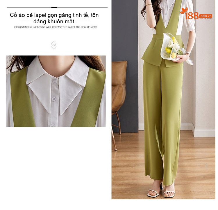 Set Bộ Quần Dài Áo Sơ Mi Tay Lỡ Kèm Áo Gile Nữ Phong Cách Tối Giản Thanh Lịch Màu Be, Đen, Xanh Lá, Tím... chi tiết 9