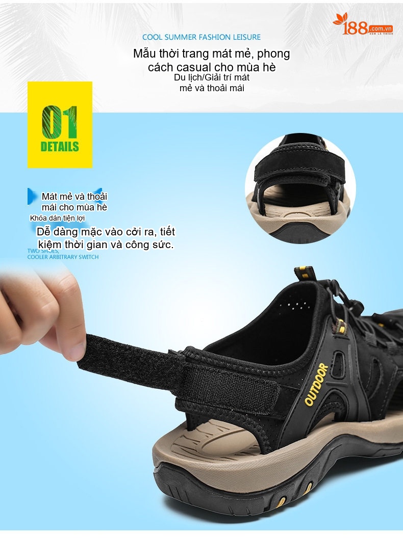 Sandal Nam Da Thật Quai Hậu Chống Va Đập Chiều Cao Đế Khoảng 3cm Màu Đen, Nâu chi tiết 2