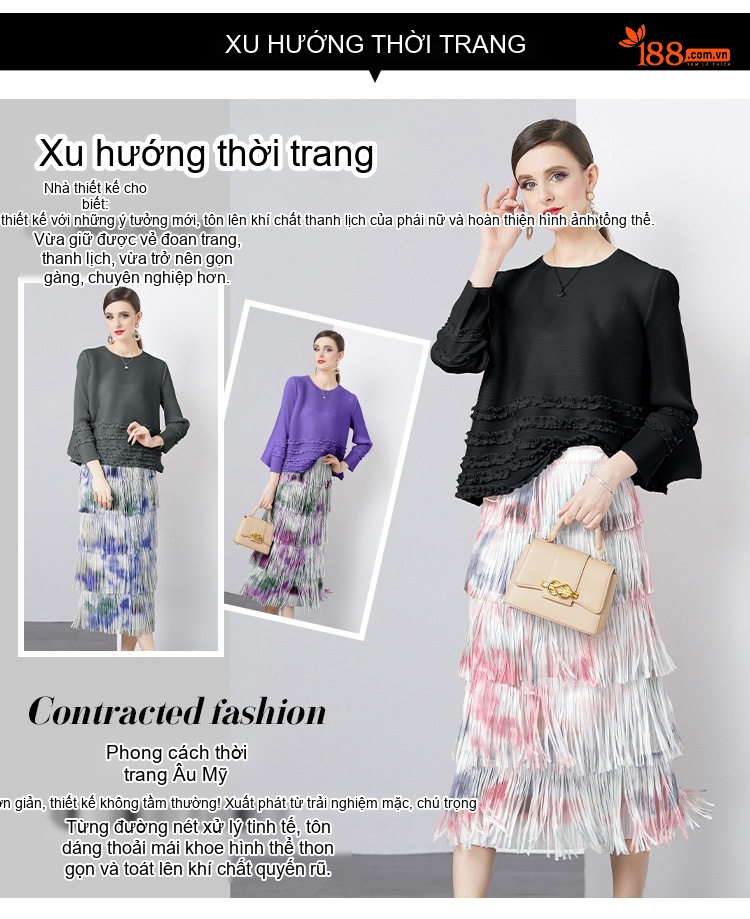 Chân Váy Nữ dáng chữ A Trung Dài Xếp Ly Rút Nhún Nhuộm Loang Tua Rua Phong Cách Cổ Điển Màu Hồng, Vàng, Tím, Xanh... chi tiết 5