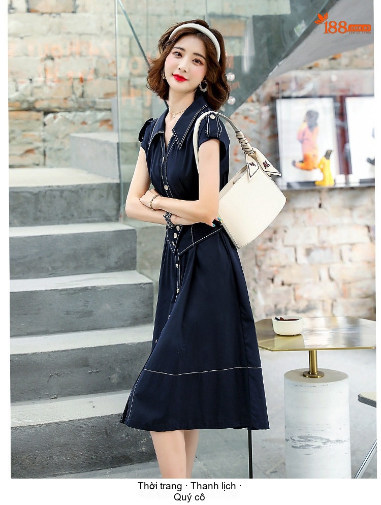 Váy Đầm Nữ Tay Ngắn dáng chữ A Chít Eo Thanh Lịch Thời Trang Hàn Quốc Màu Xanh Navy chi tiết 8