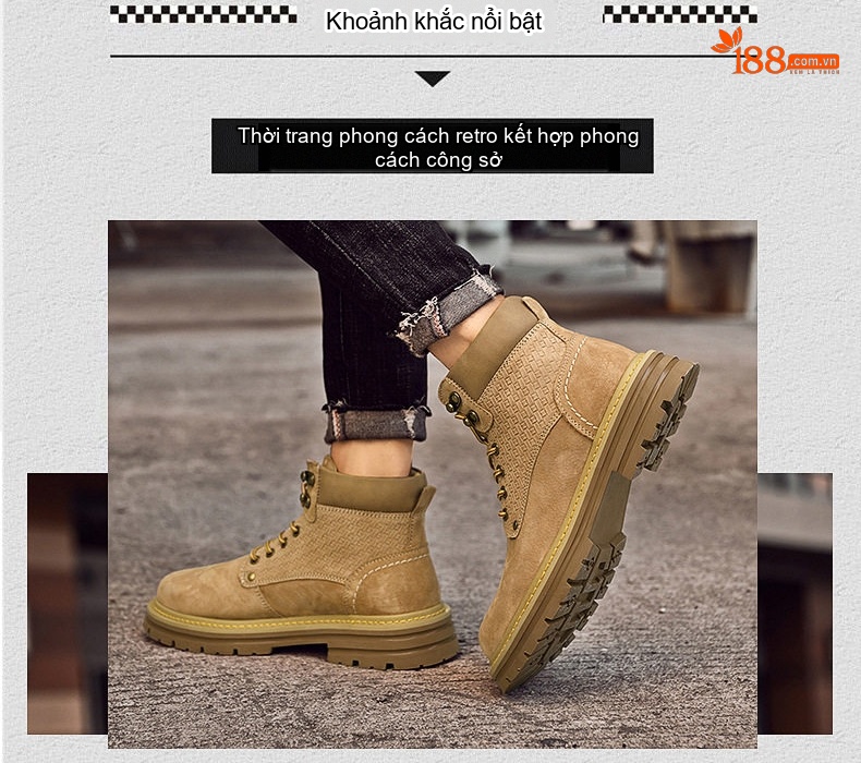 Giày Boot Nam Da Mờ Cổ Cao Có Dây Kiểu Martin Chiều Cao Đế Khoảng 4cm Màu Nâu chi tiết 9