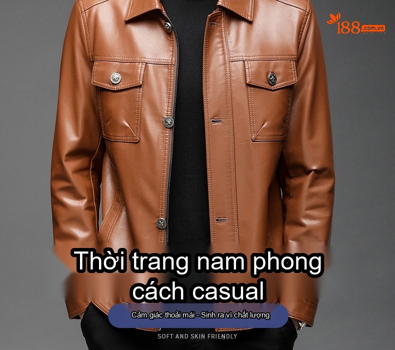 Áo Khoác Da Nam Có Lót Lông Cừu Cổ Bẻ Phong Cách Moto Màu Đen, Nâu chi tiết 2