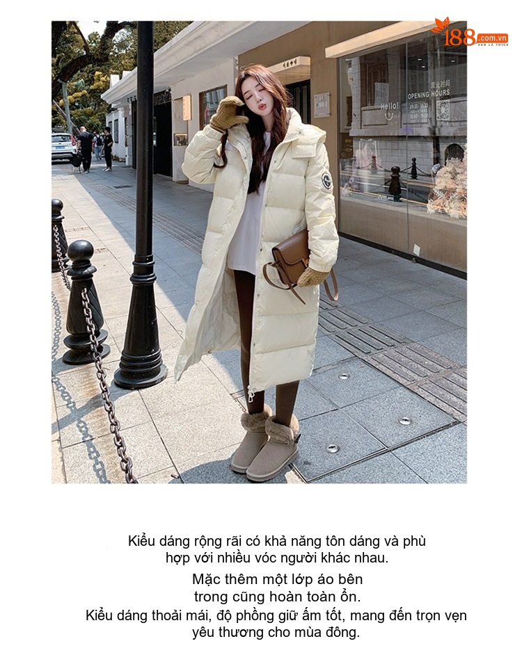 Áo Phao Nữ Dáng Dài Có Mũ Trùm Đầu Form Rộng Dày Dặn Màu Đỏ, Trắng, Đen chi tiết 8