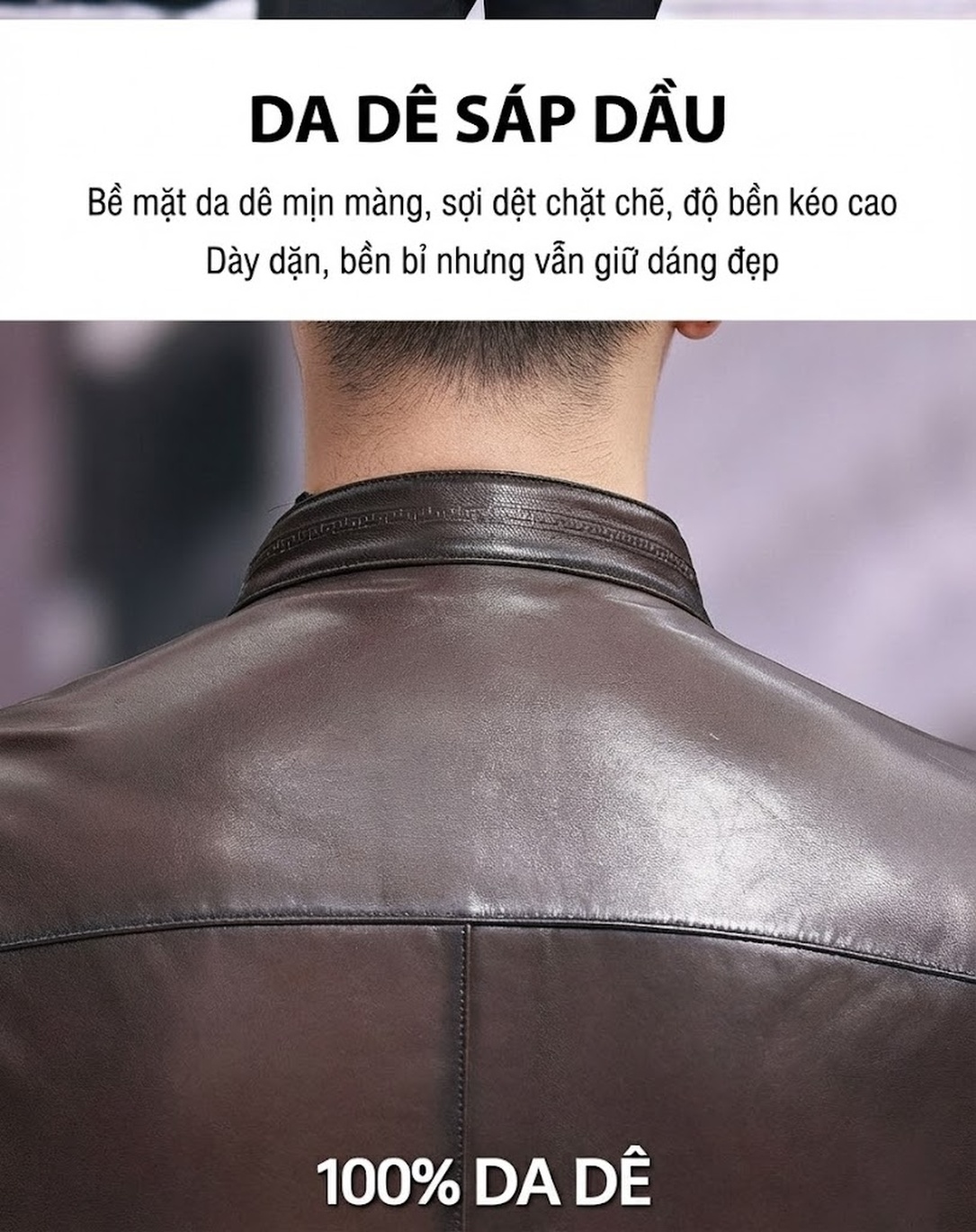 Áo Khoác Da Cừu Nam Dáng Ngắn Cổ Trụ Màu Nâu chi tiết 2