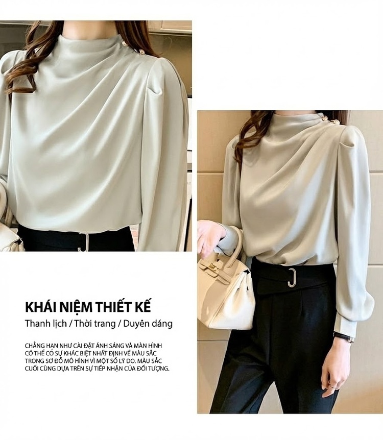 Áo Sơ Mi Nữ Tay Dài Cổ Trụ Kiểu Dáng Thanh Lịch Màu Trắng, Xám, Hồng, Xanh... chi tiết 47