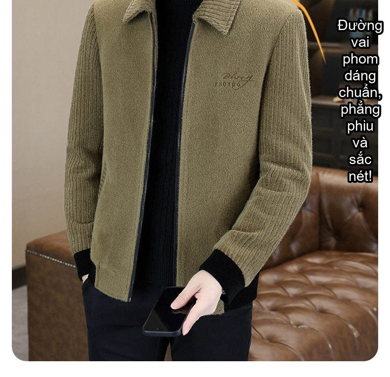 Áo Khoác Nam Dệt Kim Nhung Sherpa Dày Dặn Cổ Bẻ Màu Đen, Xanh Olive chi tiết 3