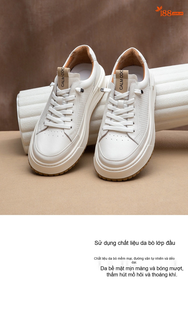 Giày Sneaker Nam Da Bóng Thoáng Khí Chiều Cao Đế Khoảng 4cm Màu Trắng chi tiết 3