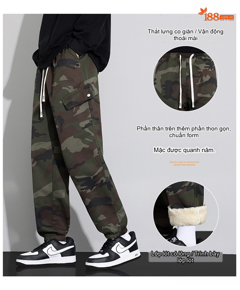 Quần Jogger Nam Lót Lông Cừu Non Dày Dặn Phong Cách Mỹ Ống Bo Chun Màu Rằn Ri, Đen chi tiết 3