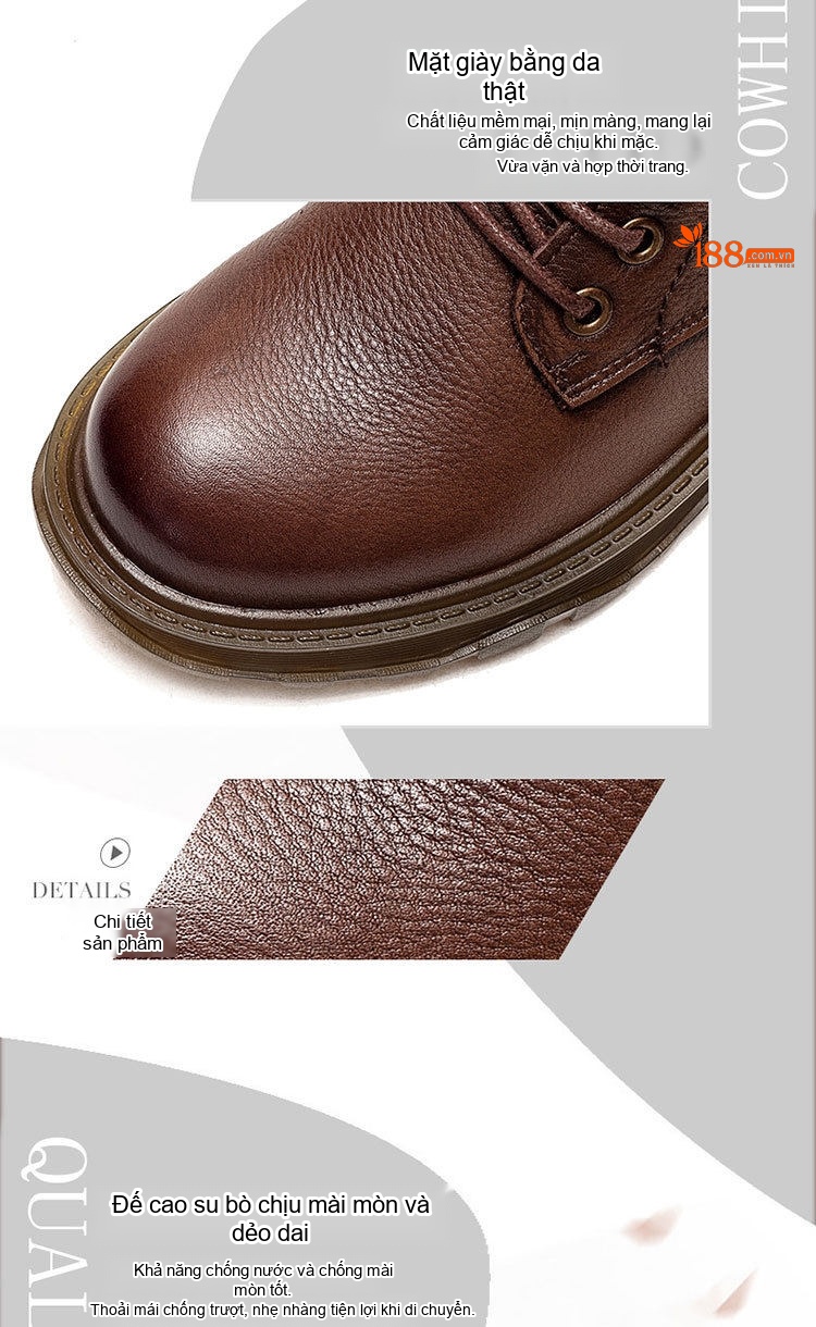 Boot Martin Nữ Da Bò Cổ Thấp Buộc Dây Chiều Cao Đế Khoảng 3.5cm Màu Đen, Nâu chi tiết 4