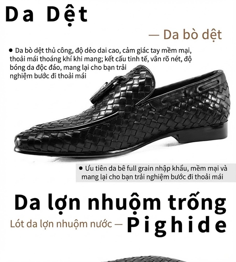 Giày Lười Nam Da Bò Đan Thủ Công Chiều Cao Đế Khoảng 2cm Màu Đen, Nâu chi tiết 4