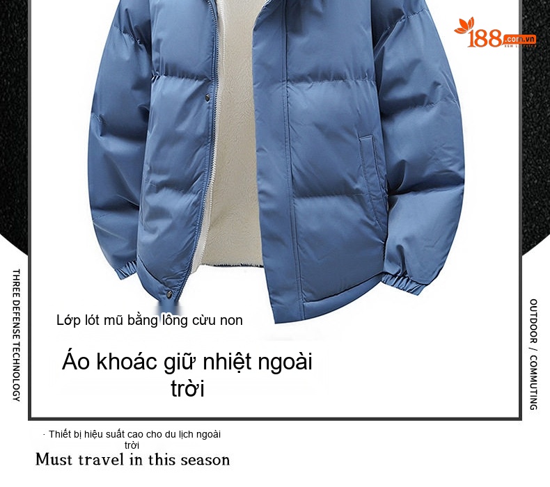 Áo Khoác Cotton Nam Lông Cừu Non Hai Lớp Dày Dặn Có Mũ Trùm Đầu Màu Trắng, Xanh Dương, Xanh Lá, Hồng... chi tiết 2
