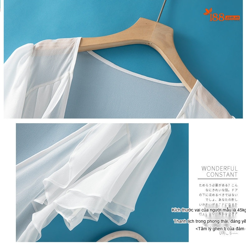 Áo Khoác Chống Nắng Nữ Lụa Tằm Tơ Tay Ngắn Cổ chữ V Xẻ Tà Màu Trắng chi tiết 8