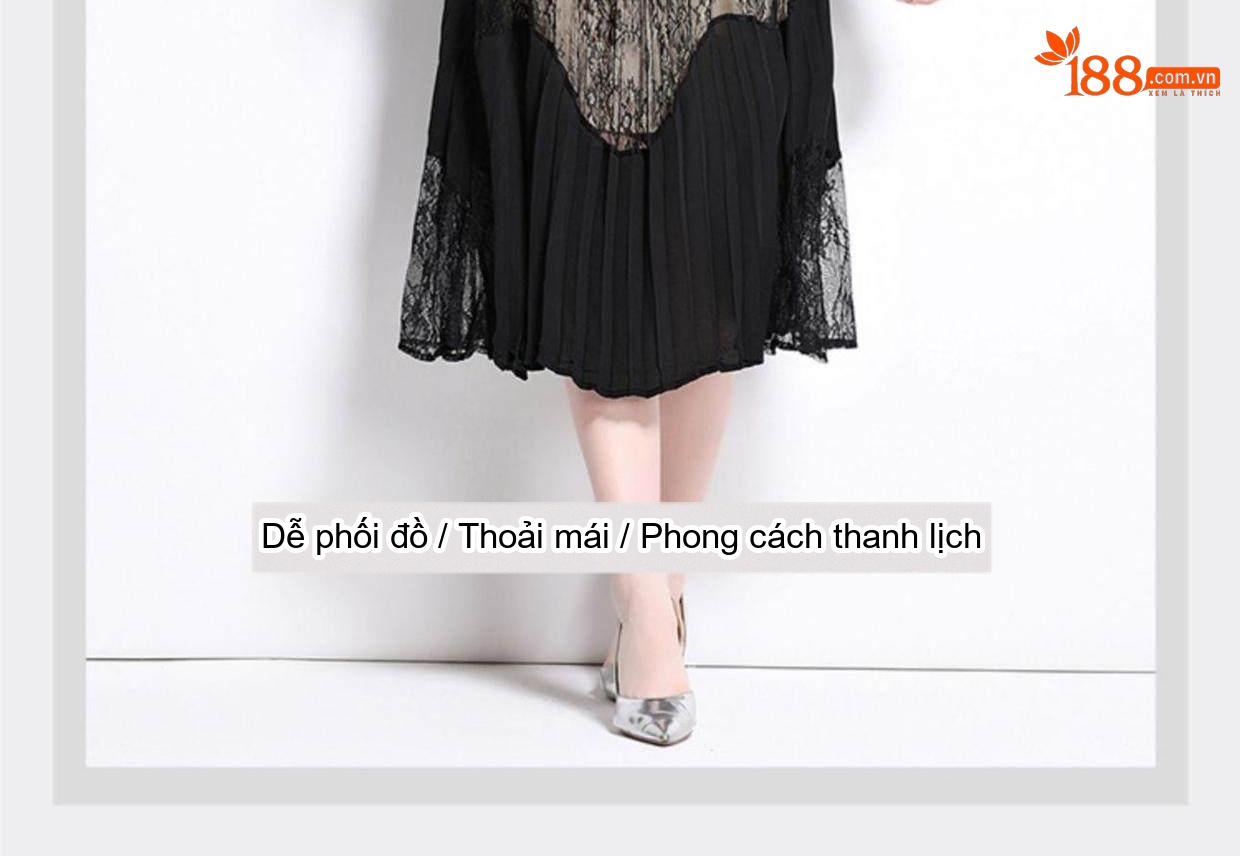 Đầm Ren Tay Dài Cổ Nơ Xuyên Thấu Eo Thun Xếp Ly Dáng Dài Nữ Màu Đen chi tiết 6