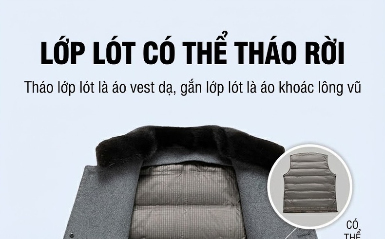 Áo Khoác Dạ Nam Lông Chồn Cổ Trụ Lót Lông Vũ Dáng Dài Vải Lông Cừu Hai Mặt Màu Xám, Đen chi tiết 10