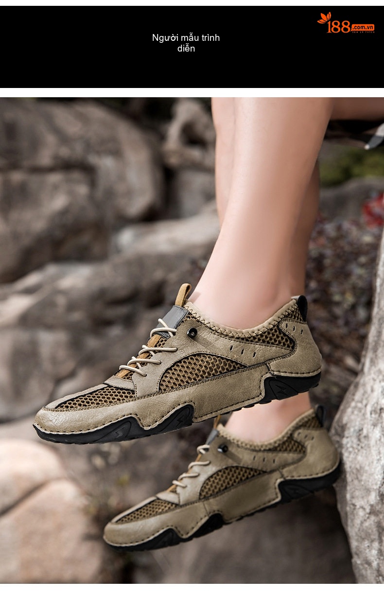 Giày Thể Thao/Sneaker Nam Da Bò Lưới Thoáng Khí Chiều Cao Đế Khoảng 3cm Màu Nâu, Xám, Đen chi tiết 13