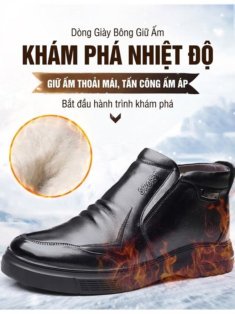 Giày Cao Cổ Nam Da Thật Lót Lông Cừu Giữ Ấm Chiều Cao Đế Khoảng 3cm Màu Đen chi tiết 2