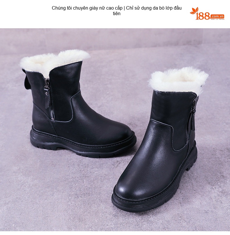 Boot Nữ Da Bóng Lót Lông Cừu Giữ Ấm Mùa Đông Chiều Cao Đế Khoảng 4cm Màu Đen chi tiết 2