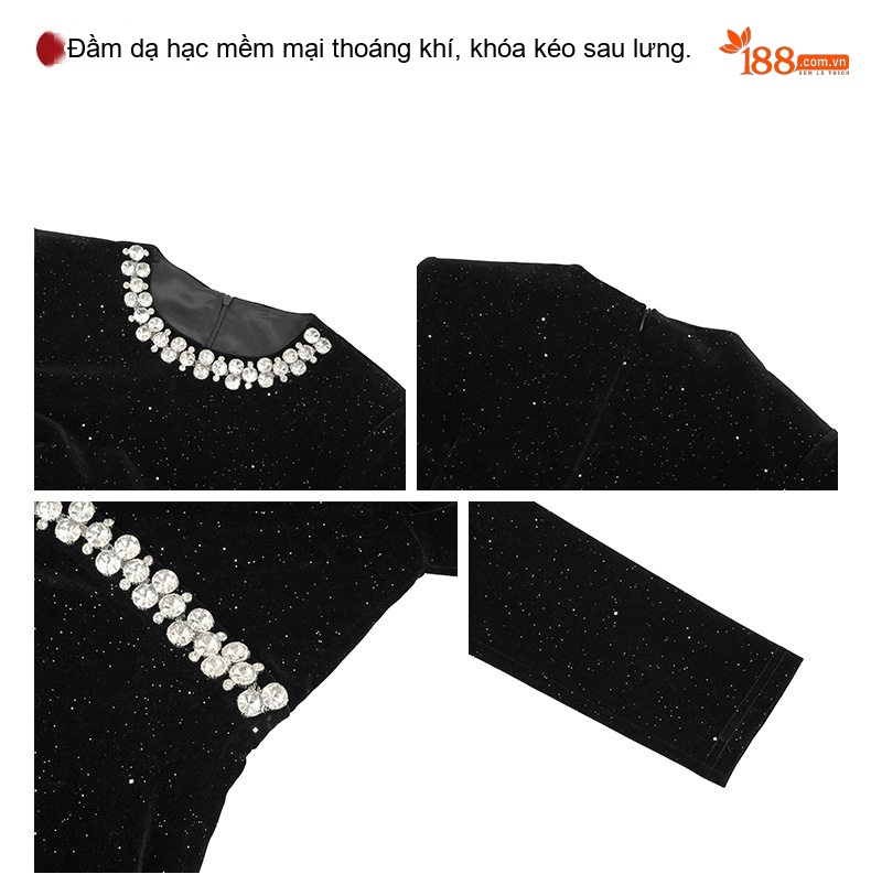 Váy Dự Tiệc Nữ Thu Đông Dáng Dài Đuôi Cá Cổ Tròn Đính Đá Màu Đen chi tiết 4