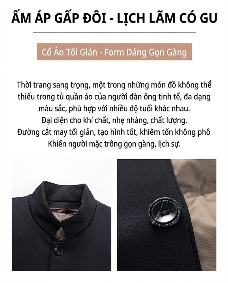 Áo Khoác Nam Trung Niên Milk Silk Dày Dặn Lót Lông Vũ Trắng Tháo Rời Màu Đen, Xám chi tiết 7