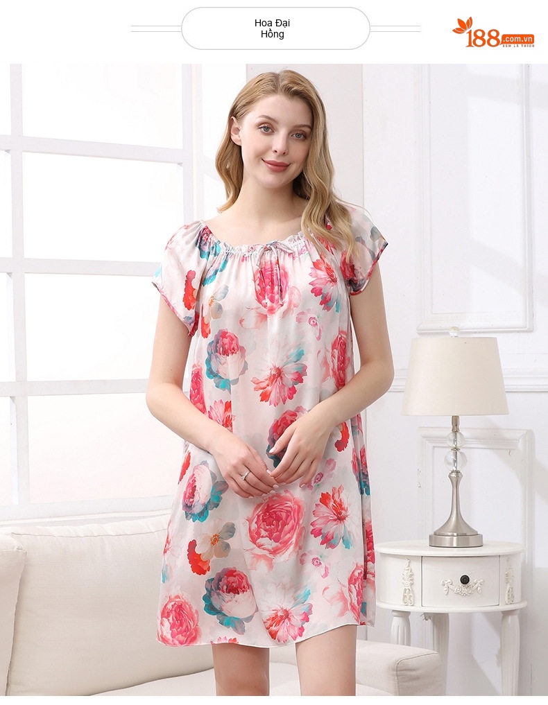 Váy Ngủ Nữ 100% Tơ Tằm Mùa Hè, Mùa Xuân, Dáng Rộng, In Hoa chi tiết 12