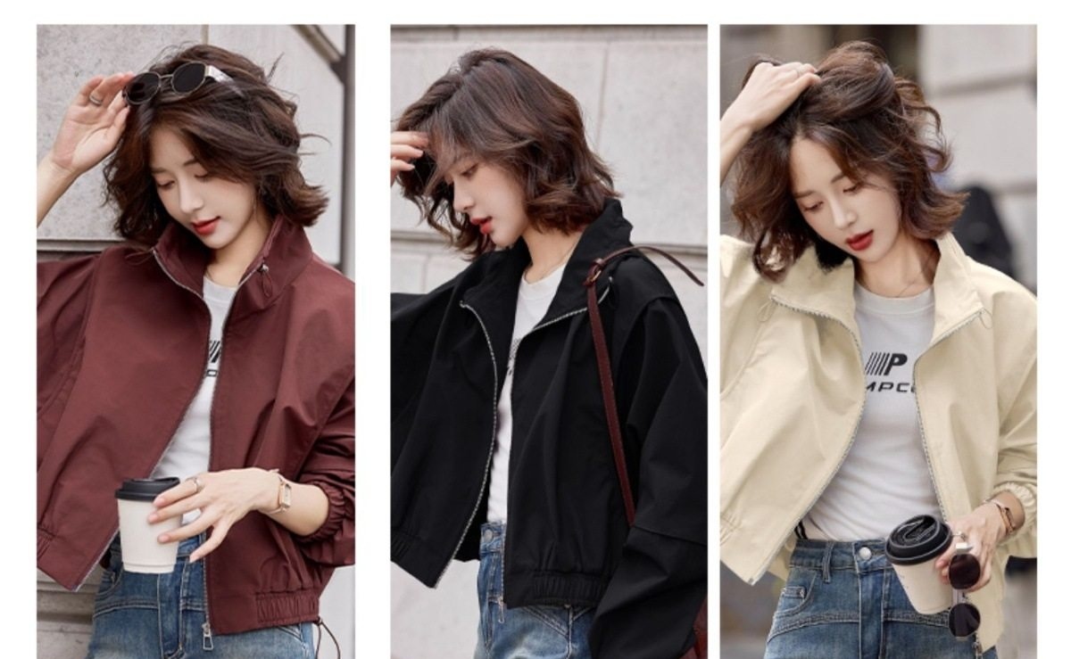 Áo Khoác Bomber Nữ Dáng Ngắn Cổ Trụ Màu Đỏ, Đen, Kem chi tiết 11