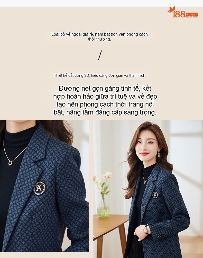 Áo Blazer Nữ Thu Đông Dáng Ôm Họa Tiết Caro Màu Xám, Nâu chi tiết 9