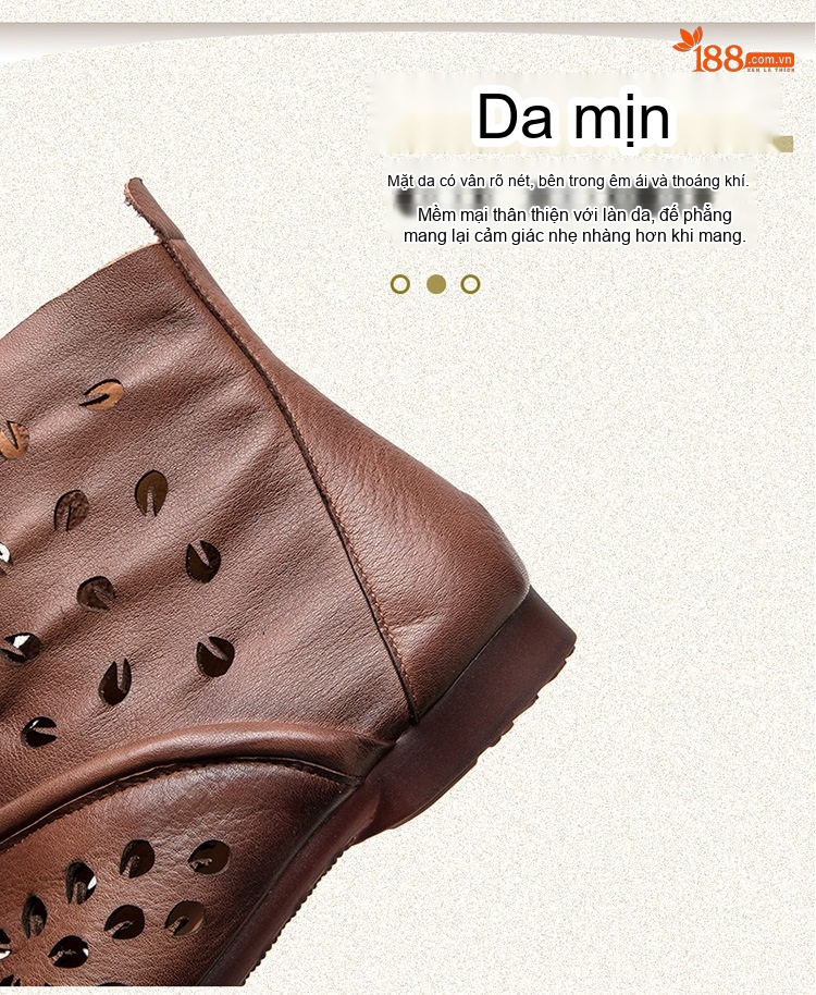 Boot Nữ Da Bò Cao Cổ Khoét Lỗ Thoáng Khí Chiều Cao Đế Khoảng 2cm Màu Nâu, Vàng chi tiết 4