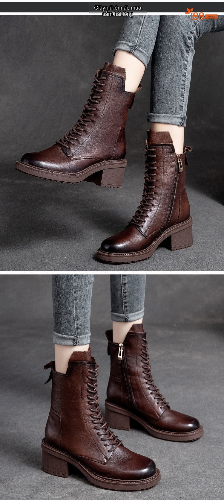 Boot Martin Nữ Da Bò Gót Vuông Chiều Cao Đế Khoảng 5cm Khóa Kéo Bên Hông Màu Đen, Nâu chi tiết 9
