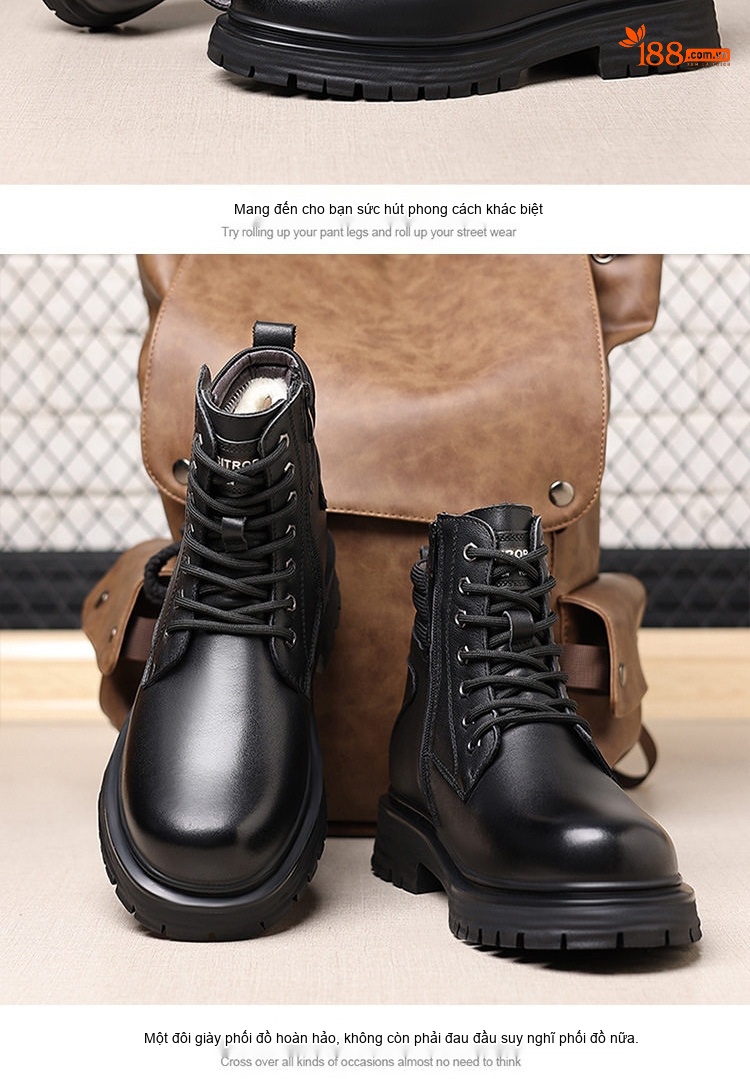Boot Nam Da Thật Lông Cừu Giữ Ấm Chiều Cao Đế Khoảng 4cm Màu Đen chi tiết 15